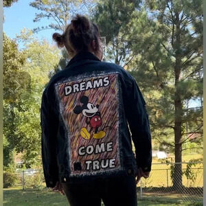 HandPainted BlackRainbow DreamsComeTrueMickey DistressedUpcycled DenimJacket SzM